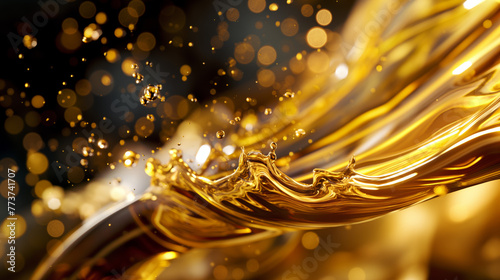 Lustrous waves and droplets of gold liquid captured mid-splash against a dark, shimmering background, suggesting luxury and fluidity photo