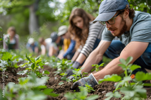 People are planting trees and working in community gardens  promoting local food production and habitat restoration  emphasizing the concept of sustainability and community involvement.