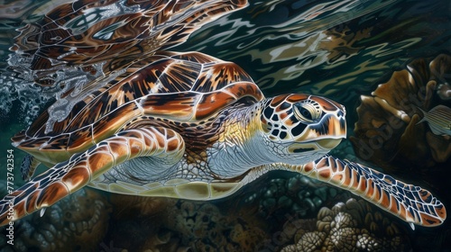 Sea Turtle Swimming Over Coral Reef © Parintron