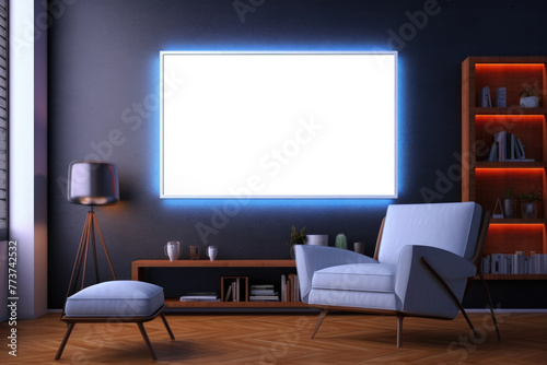 Modern interior with empty framed poster on wall, illuminated with blue light, furniture © Julia Jones