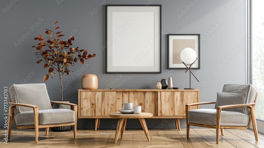 Scandinavian interior design with empty frame mockup. Scandinavian interior design with empty frame mockup.