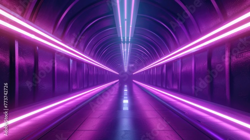 Vibrant neon-lit tunnel with futuristic design. Vivid purple lighting in modern corridor concept