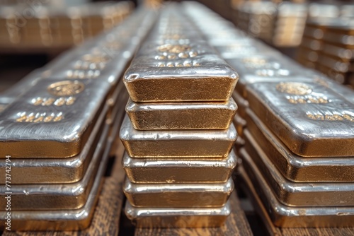 Stacked silver bullion bars. photo