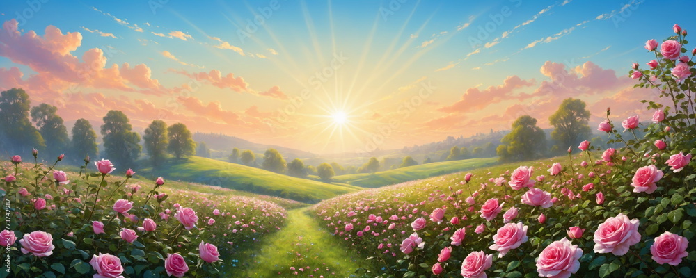 Naklejka premium A stunning composition of roses basking in the rays of the sun, towering against a clear blue sky.