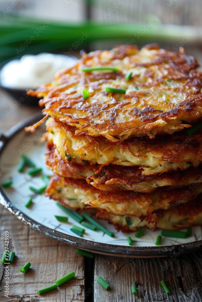Stack of potato pancakes garnished with chives on a vintage plate,