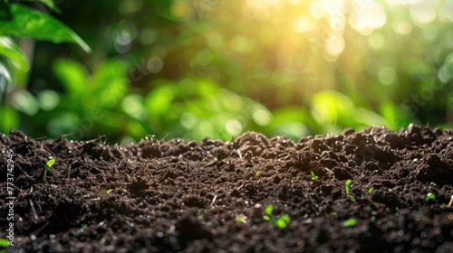 Soil with young plant sprouts and sunlight. Agriculture and growth concept.