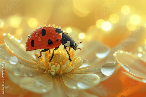 A beautiful of a macro with a ladybug with dew drops sitting on white flowers on a sunny morning in the garden. Ai generative.
