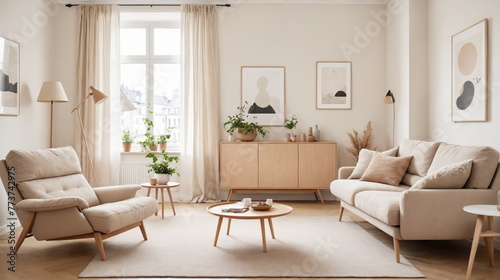 the calm aesthetic of a Scandinavian-inspired living room  featuring a cozy beige sofa  a recliner chair  and minimalist decor bathed in natural light