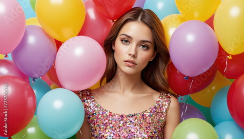A striking portrait of a girl surrounded by a multitude of brightly colored balloons, suggestive of a solemn event.