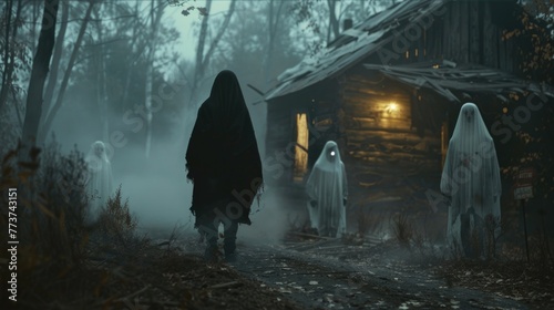 Spooky forest scene with ghostly figures and a cloaked person.