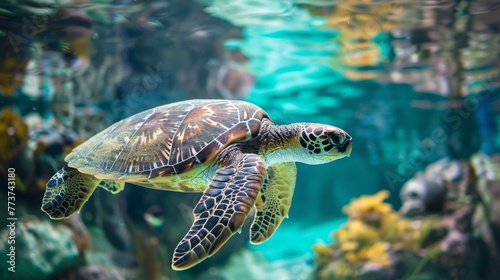 Sea Turtle Gliding Through Ocean Waters © Parintron