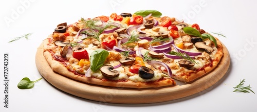 Placed on a rustic wooden board is a delicious pizza topped with assorted vegetables and savory mushrooms