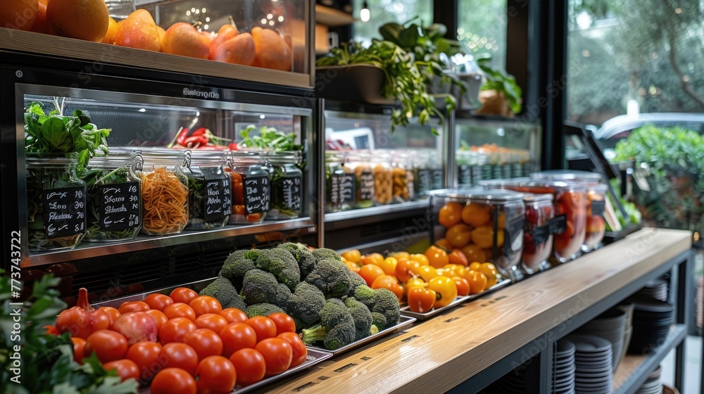 Modern grocery store interior with fresh fruits and vegetables on shelves.