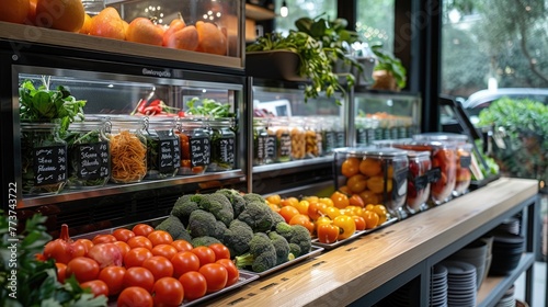 Modern grocery store interior with fresh fruits and vegetables on shelves.