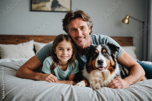 Father and daughter relaxing with australian shepherd on bed at home photo