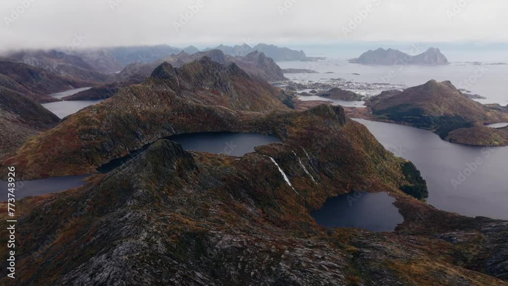 Aerial view of Segla mountain above the sky, Norway during summer