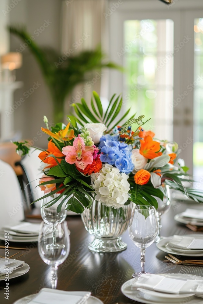 Vibrant floral centerpiece on a dining table set for a festive occasion.