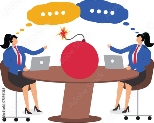 Negotiations and Threats, Unfair Competition, Difficult Relationships, Tense Relationships Negotiations or Conversations, Businesswoman Sitting at a Table with a Bomb, Conversations