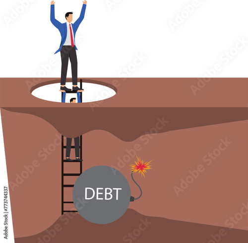Paying off debt or loans, solving debt or financial problems, resolving financial anxiety, businessmen climbing ladders to make it out of the debt bomb successfully