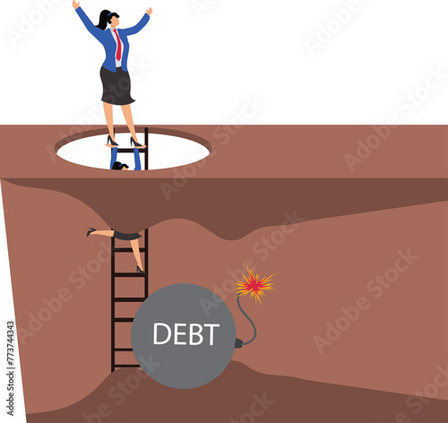 Paying off debt or loans, solving debt or financial problems, resolving financial anxiety, businesswomen climbing ladders to make it out of the debt bomb successfully