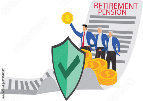 Pension Insurance, Wealth Protection and Insurance, Retirement and Savings Protection and Security, Isometrics Standing Behind the Shield A Bunch of Merchants and Retirees with Gold Coins