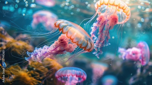 Group of jellyfish swimming underwater. Close-up marine life photo.