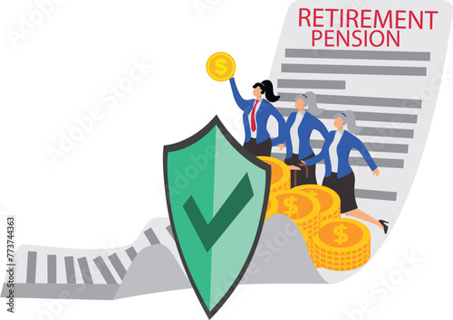 Pension Insurance, Wealth Protection and Insurance, Retirement and Savings Protection and Security, Isometrics Standing Behind the Shield A Bunch of Merchants and Retirees with Gold Coins