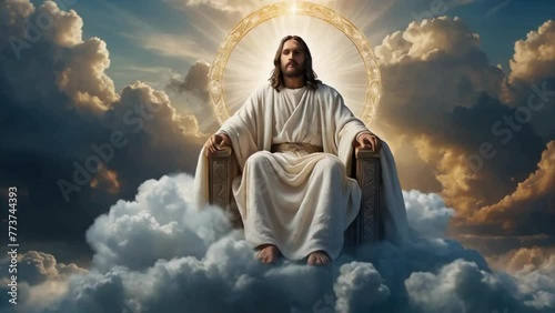 jesus sitting on a throne in the clouds dressed in sparkling white cloths photo