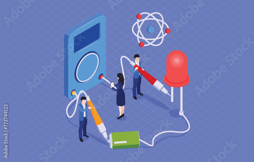Electric Circuits School Composition. School subjects isometric composition with human characters of pupils building electric circuit vector illustration
