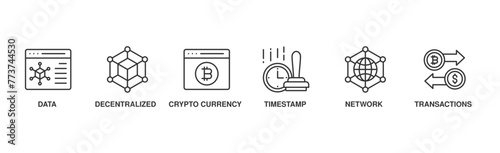 Blockchain banner web icon vector illustration concept with icon of data, decentralized, crypto currency, timestamp, network and transactions