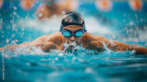 A powerful depiction of an athlete in mid-stroke, swimming in a competition, showing strength, speed, and determination © Armin