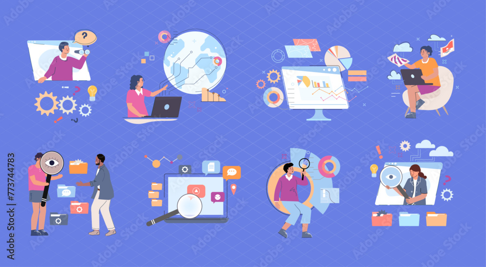 Fototapeta premium Data Searching flat icons vector illustration. Vector illustration concept for business analysis, market research, product testing, data analysis.