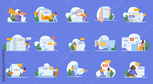 Online news flat icons vector illustration. Scenes in the digital social network scenes. mega set flat vector modern illustration
