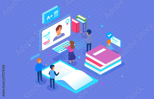 Library isometric vector illustration. Library and education set - students, books inside laptop and smartphone, online service for reading.