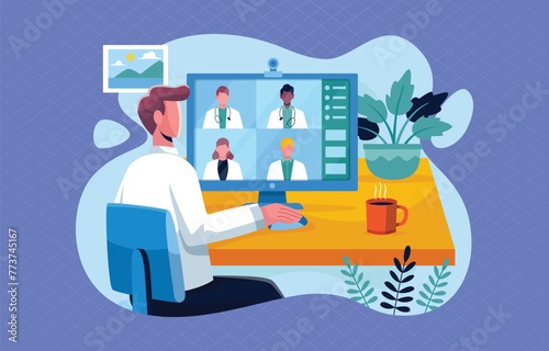 Online medical meeting icon vector illustration. Virtual meeting or group medical vector flat design
