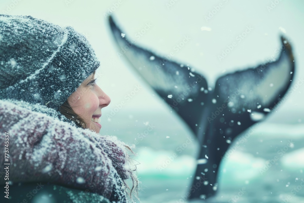 A happy individual gazing out at the wintry sea, their eyes sparkling with joy, while the blurred outline of a whale's tail adds a sense of awe and wonder to the scene, embodying the thri A happy individual gazing out at the wintry sea, their eyes sparkling with joy, while the blurred outline of a whale's tail adds a sense of awe and wonder to the scene, embodying the thri