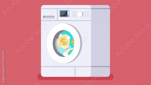 Laundering money by Washing machine. Business corruption concept. 4k video animated