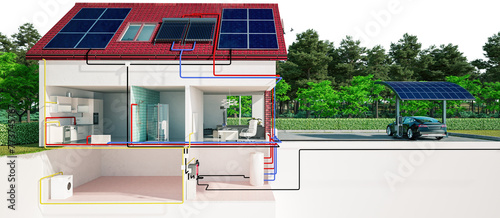 Heat Pump Circuit at a Modern Sustainable Home with Solar Panels and Electric Carport (isolated) - 3D Visualization