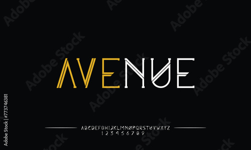 Avenue is Abstract minimal modern alphabet fonts. Typography technology vector illustration, classic suites for movie title.