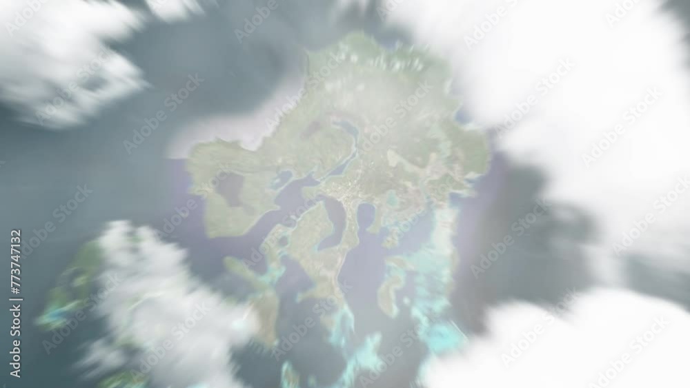 Earth zoom in from space to Neiafu, Tonga. Followed by zoom out through clouds and atmosphere into space. Satellite view. Travel intro. Images from NASA