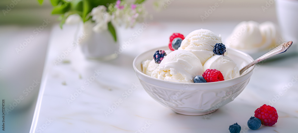 Vanilla ice cream scoops in a bowl with raspberry and blueberries. Vanilla ice cream scoops in a bowl with raspberry and blueberries.