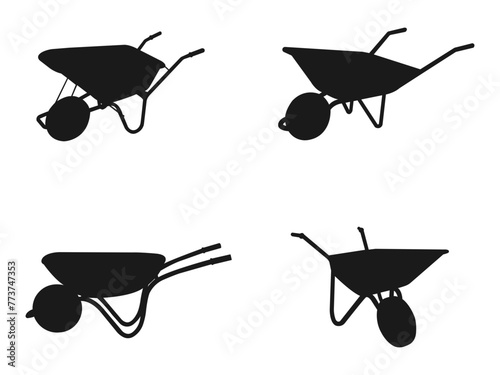 Wheelbarrow icon design template illustration vector. Construction worker with wheelbarrow vector silhouette illustration. Farmer pushing Wheelbarrow cart. Black pictogram on white background.