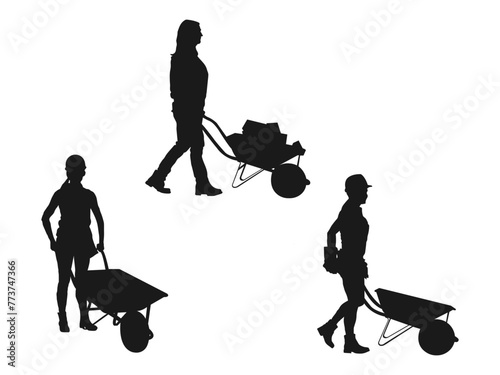 woman pushing wheelbarrow containing construction materials wears construction safety uniform silhouettes vector. Woman push wheelbarrow and farm equipment. wheelbarrow on white background.