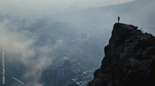 A city covered in smog with a single person standing on a mountaintop looking down