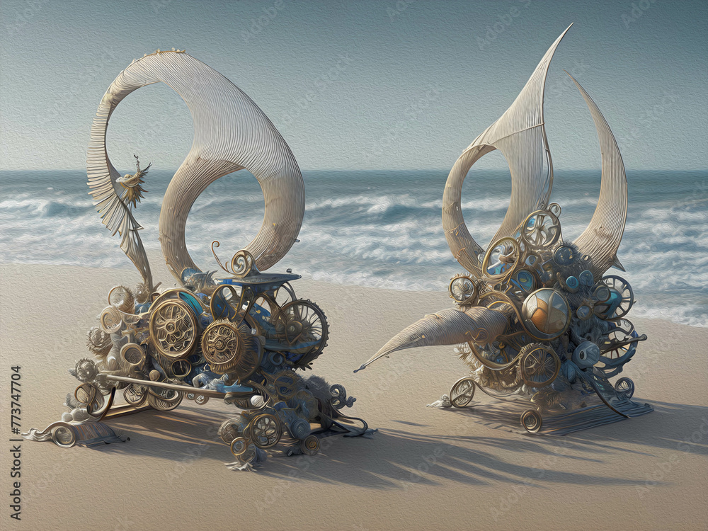 Kinetic sculpture propelled by wind on beach, Oil Painting