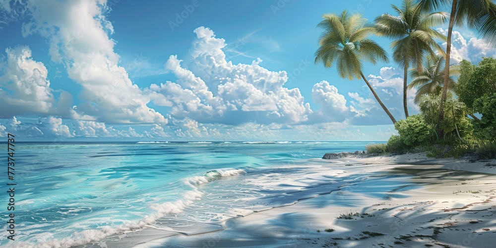 beach with palm trees, A image of a tropical beach paradise with palm trees, turquoise waters, and white sandy beaches, inviting relaxation and tranquility