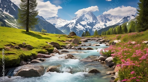 A narrow mountain stream winding through lush meadows, lined with vibrant blossoms, creating a peaceful and inviting scene in the heart of the Alps