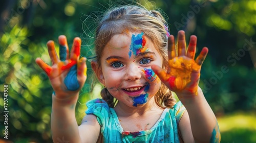 Cute little girl showing her hands painted in bright colors outdoors .