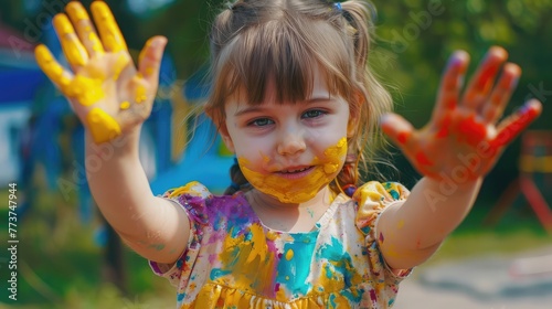 Cute little girl showing her hands painted in bright colors outdoors .