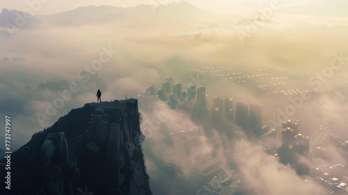 A city covered in smog with a single person standing on a mountaintop looking down photo